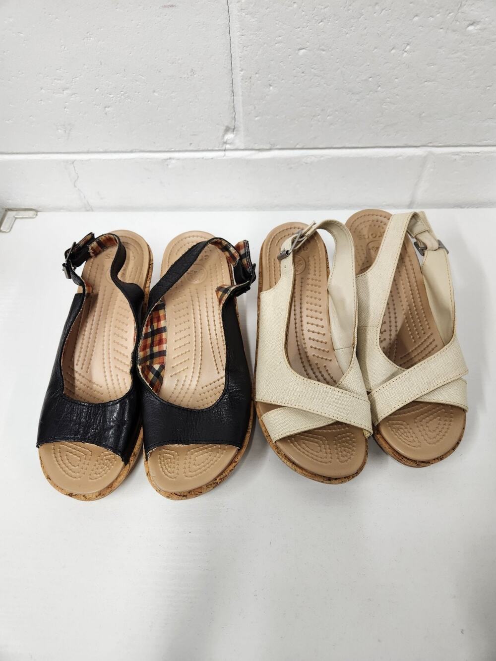 Bundle Of 2 Crocs Women's A-Leigh Slingback Wedge Sandals, Size 7, Black & Beige